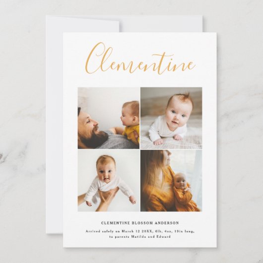 Moderne scriptnaam multi foto polka dot geboorte aankondiging (Voorkant)