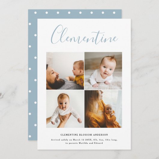 Moderne scriptnaam multi foto polka dot geboorte aankondiging (Voorkant / Achterkant)
