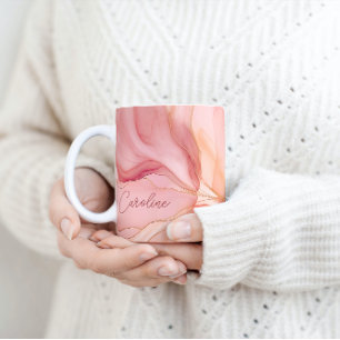 Moderne scriptnaam Peach Floral Waterverf Koffiemok