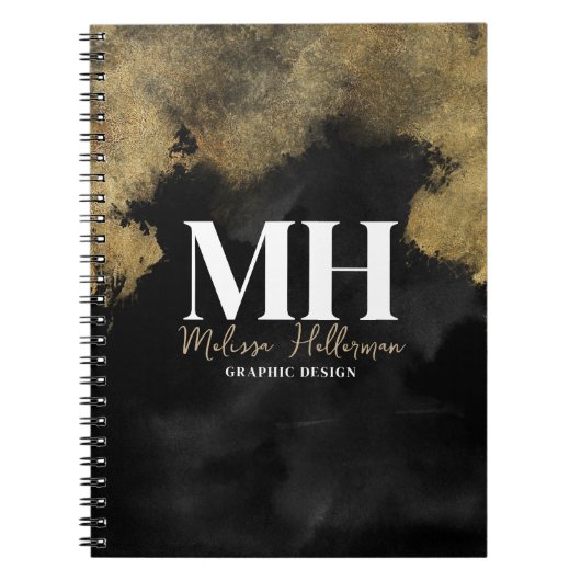 Moderne scriptnaam Zwarte Goud Monogram Notitieboek (Voorkant)