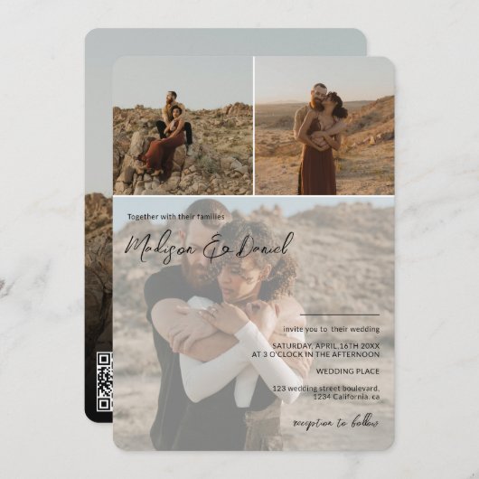 Moderne scriptnamen 4 foto's qr code bruiloft kaart (Voorkant / Achterkant)