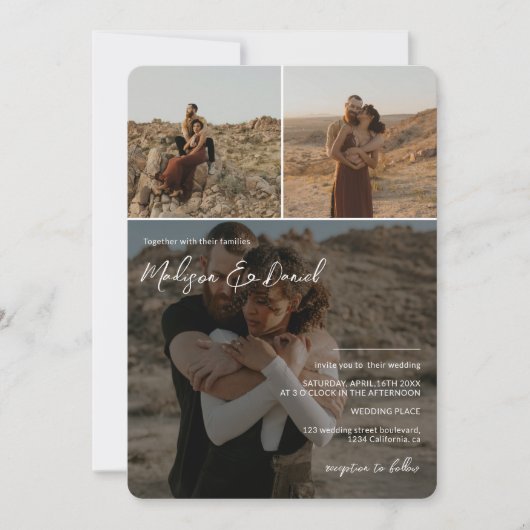 Moderne scriptnamen 4 foto's qr code bruiloft kaart (Voorkant)