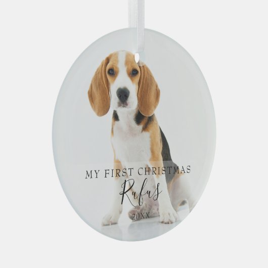 Moderne scriptpagina Mijn eerste kerstfoto Glas Ornament (Voorkant Rechts)