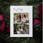 Moderne scriptsmederij en heldere verticale 3-foto feestdagenkaart<br><div class="desc">Dit moderne script is droog en helder verticaal 3-fotovakantiekaart is perfect voor uw minimalistische shabby chic boho zwarte en witte feestdag. De minimale witte handgeschreven kalligrafie is delicaat en robuust, terwijl het klasje en elegant blijft. Het ontwerp weerspiegelt een eenvoudige, volledig witte winterdag en roept herinneringen op aan een meer...</div>