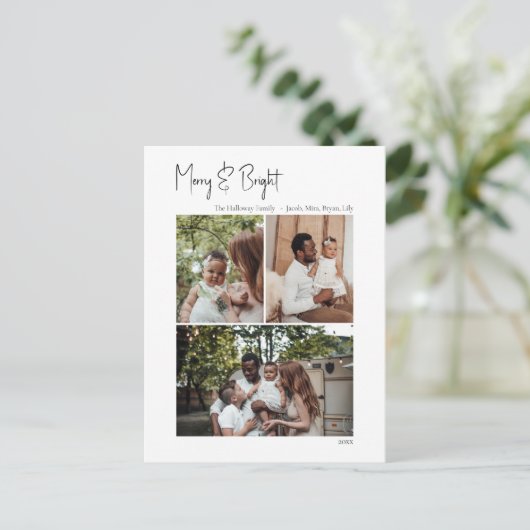 Moderne scriptsmederij en heldere verticale 3-foto feestdagenkaart (Staand voorkant)