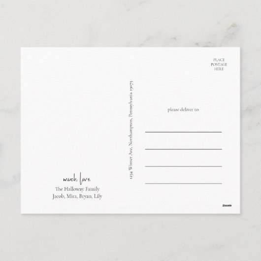 Moderne scriptsmederij en heldere verticale 3-foto feestdagenkaart (Achterkant)