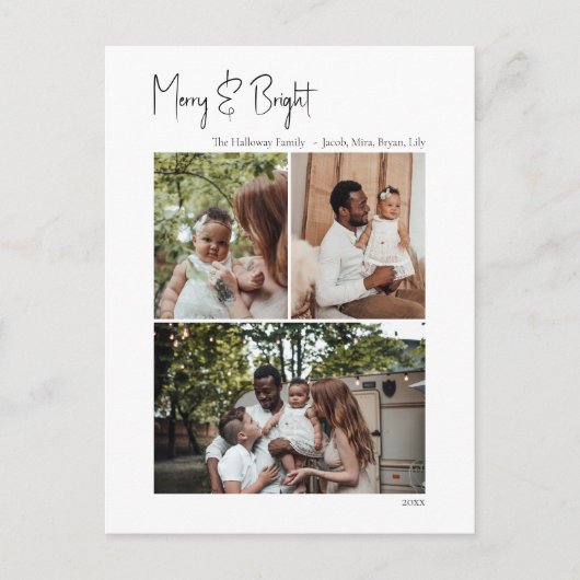 Moderne scriptsmederij en heldere verticale 3-foto feestdagenkaart (Voorkant)