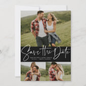 Moderne scripttrendy drie foto save the date (Voorkant)