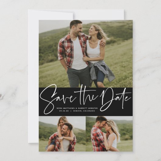 Moderne scripttrendy drie foto save the date (Voorkant)
