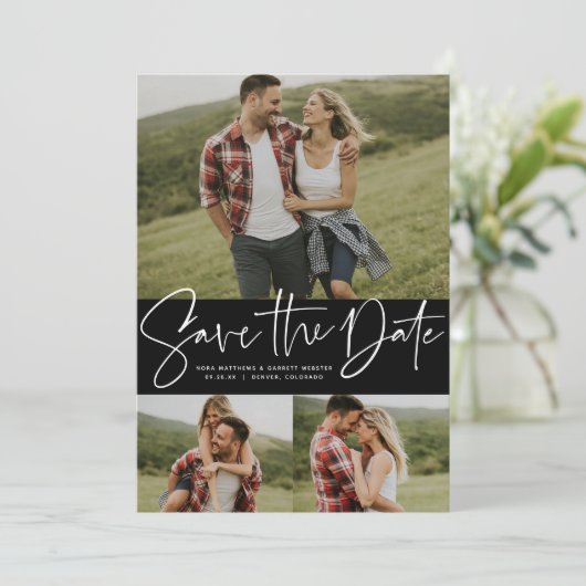 Moderne scripttrendy drie foto save the date (Staand voorkant)