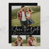 Moderne scripttrendy drie foto save the date (Voorkant / Achterkant)