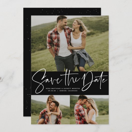Moderne scripttrendy drie foto save the date (Voorkant / Achterkant)