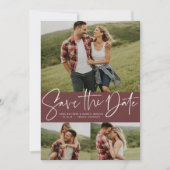 Moderne scripttrendy drie foto save the date (Voorkant)