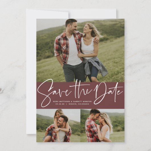 Moderne scripttrendy drie foto save the date (Voorkant)