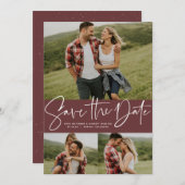 Moderne scripttrendy drie foto save the date (Voorkant / Achterkant)