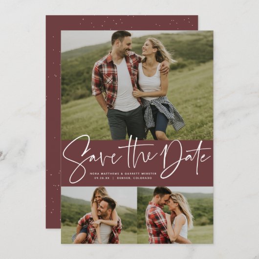 Moderne scripttrendy drie foto save the date (Voorkant / Achterkant)