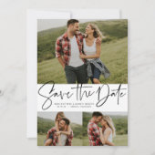 Moderne scripttrendy drie foto zwart-wit save the date (Voorkant)