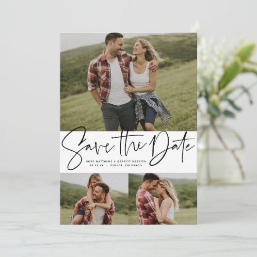 Moderne scripttrendy drie foto zwart-wit save the date (Staand voorkant)