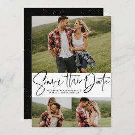 Moderne scripttrendy drie foto zwart-wit save the date