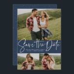 Moderne scripttrendy drie fotojager save the date<br><div class="desc">Met een drie foto's en een modern script, "save the date" in white, op een blauw marineschool achtergrond, is deze kaart de perfecte manier om je verloving en de aanstaande bruiloft aan vrienden en familie aan te kondigen. De witte tekst is vet en modern, maar nog steeds gesofisticeerd. De aanpasbare...</div>