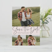 Moderne scripttrendy drie foto's knipperen roze save the date (Staand voorkant)