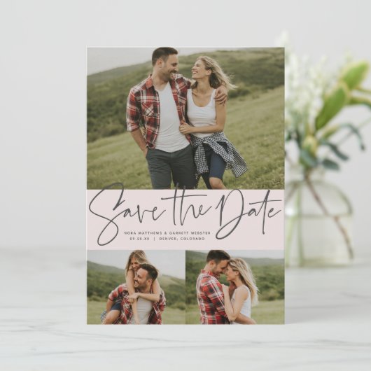 Moderne scripttrendy drie foto's knipperen roze save the date (Staand voorkant)