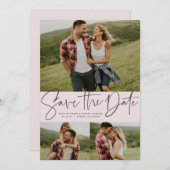 Moderne scripttrendy drie foto's knipperen roze save the date (Voorkant / Achterkant)