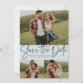 Moderne scripttrendy drie lichtblauw save the date (Voorkant)