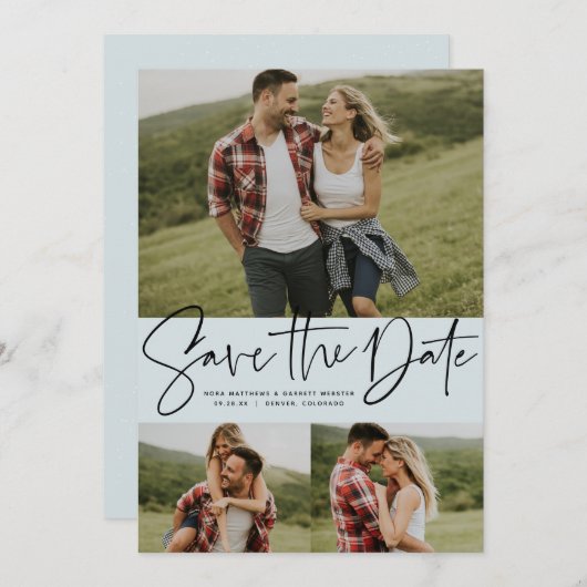 Moderne scripttrendy drie lichtblauw save the date (Voorkant / Achterkant)
