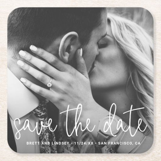 Moderne scripttypografie Foto Save the Date Kartonnen Onderzetters (Voorkant)