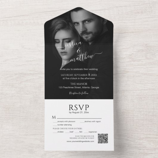 Moderne Scripty Zwart-wit foto QR-code All In One Uitnodiging (Binnen)