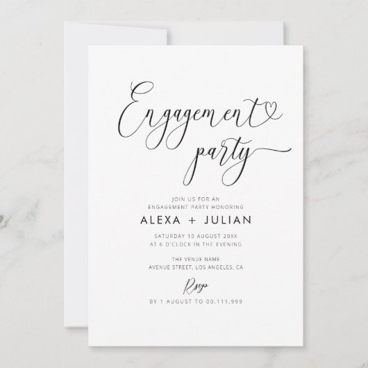 Moderne scriptzwarte en witte verlovingspartij kaart (Voorkant)