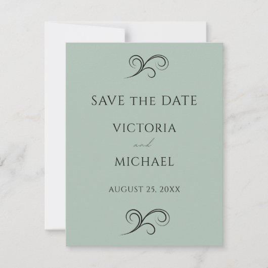 Moderne Scrolls minimalistische groene bruiloft Save The Date (Voorkant)