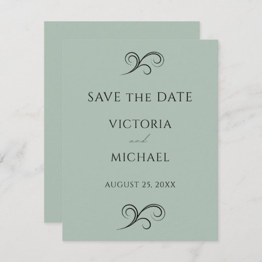 Moderne Scrolls minimalistische groene bruiloft Save The Date (Voorkant / Achterkant)