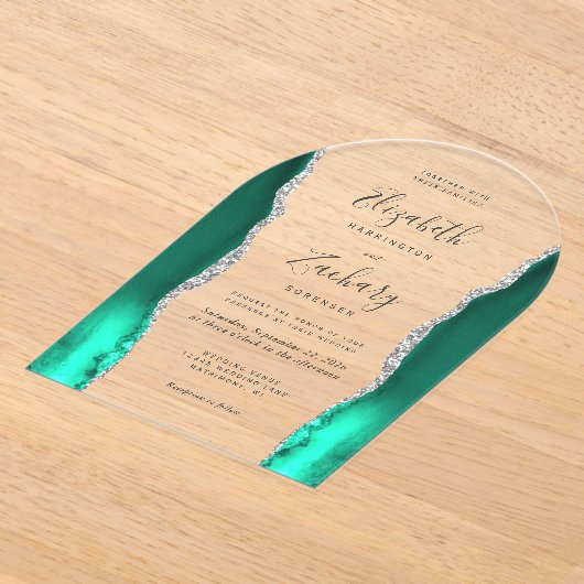 Moderne Seafoam Green Silver Agate Wedding Arch Acryl Uitnodigingen (Laagn)