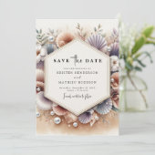 Moderne Seashell Beach bruiloft Save The Date (Staand voorkant)