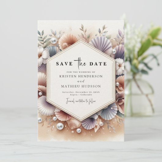 Moderne Seashell Beach bruiloft Save The Date (Staand voorkant)