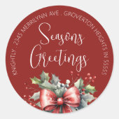 Moderne SEIZOENEN GROETJES Red Bow Script Ronde Sticker (Voorkant)