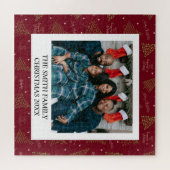 Moderne seizoensgroeten in het rood met familiefot legpuzzel (Horizontaal)