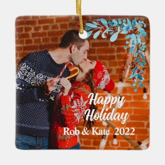 moderne seizoensvolle kerstfeestelijke foto keramisch ornament (Voorkant)