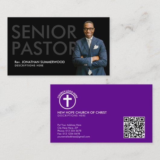Moderne Senior Pastor met Foto Zwart Visitekaartje (Voorkant / Achterkant)