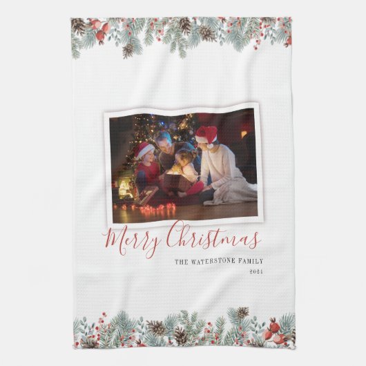 Moderne serie Foto Merry Kerstmis Rustic Theedoek (Verticaal)