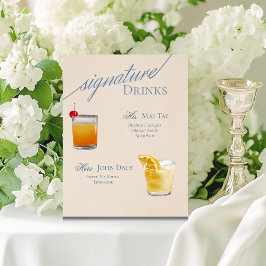 Moderne Serif Handtekening Cocktails met Stofblauw Reclamebord Met Voetstuk