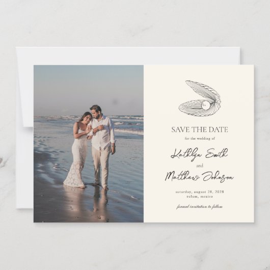 Moderne Shell Beach Ocean Bruiloft Save The Date Magnetische Uitnodiging (Voorkant)