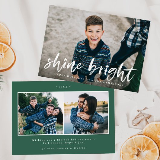 Moderne Shine Bright Script Groen 3 Foto Feestdagenkaart