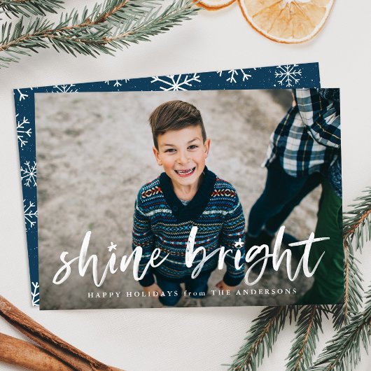 Moderne Shine Bright Script Navy Foto Feestdagenkaart