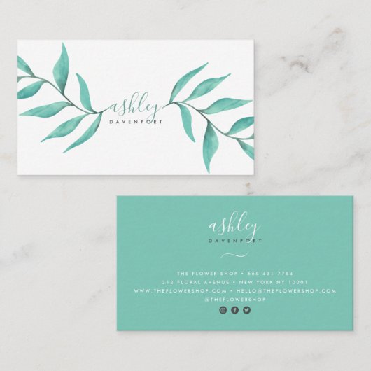Moderne sierlijke bloemen turquoise waterverf visitekaartje (Voorkant / Achterkant)