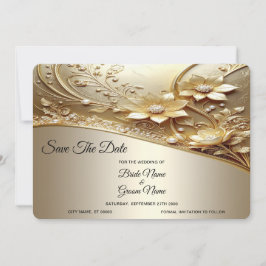 Moderne Sierlijke Gouden Bloem met Parel Save The  Date