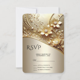 Moderne Sierlijke Gouden Bloemen met Parels RSVP K Kaartje