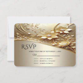 Moderne Sierlijke Gouden Bloemen met Parels RSVP K Kaartje